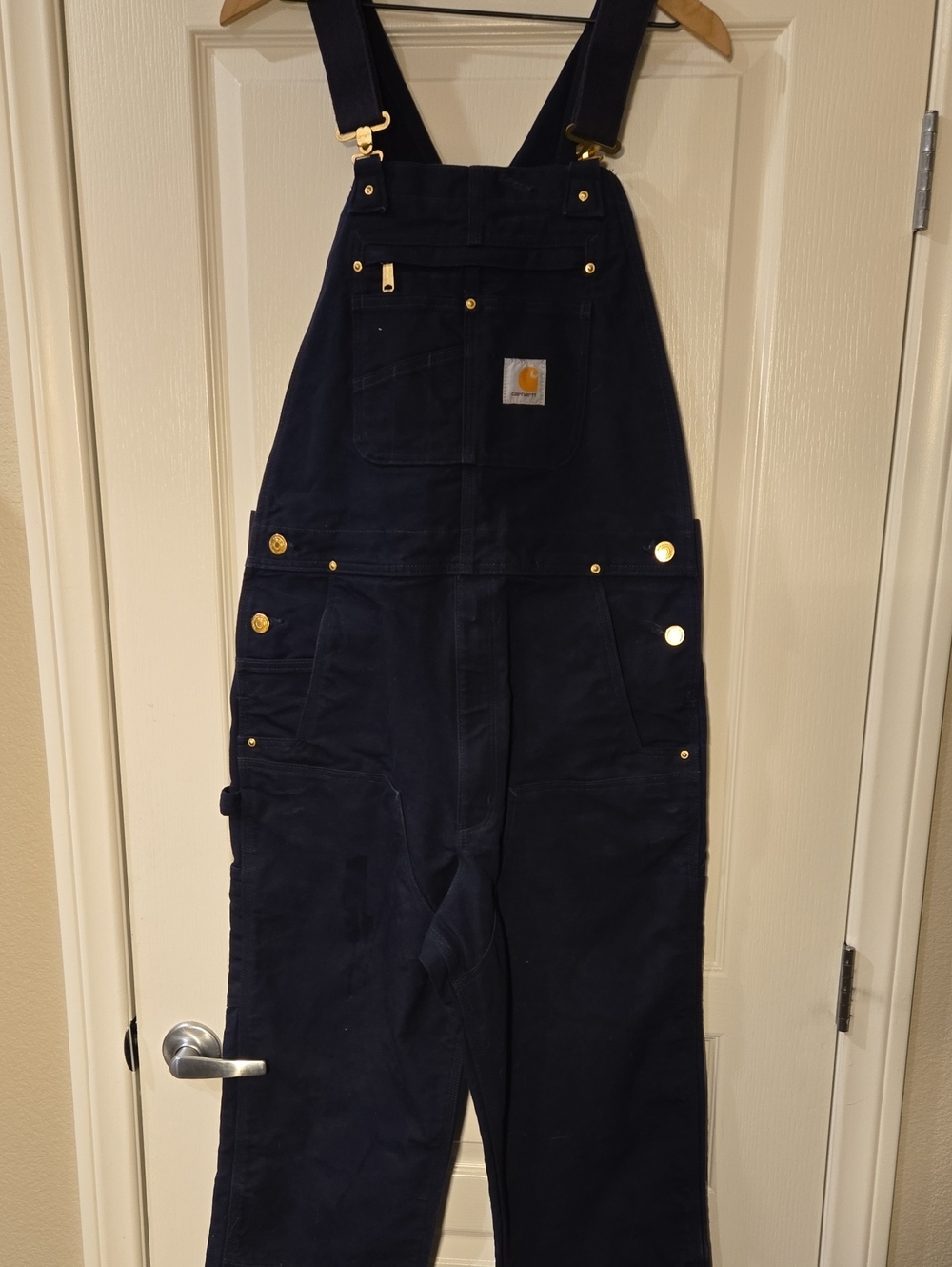Carhartt Dark Navy Men's Cargo Bib Overalls with Gold Hardware